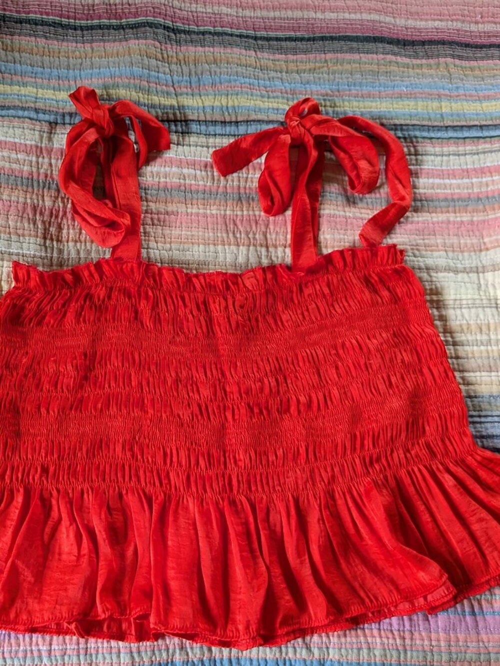 Dress Forum Red Smocked Tie-Shoulder Top - Size M